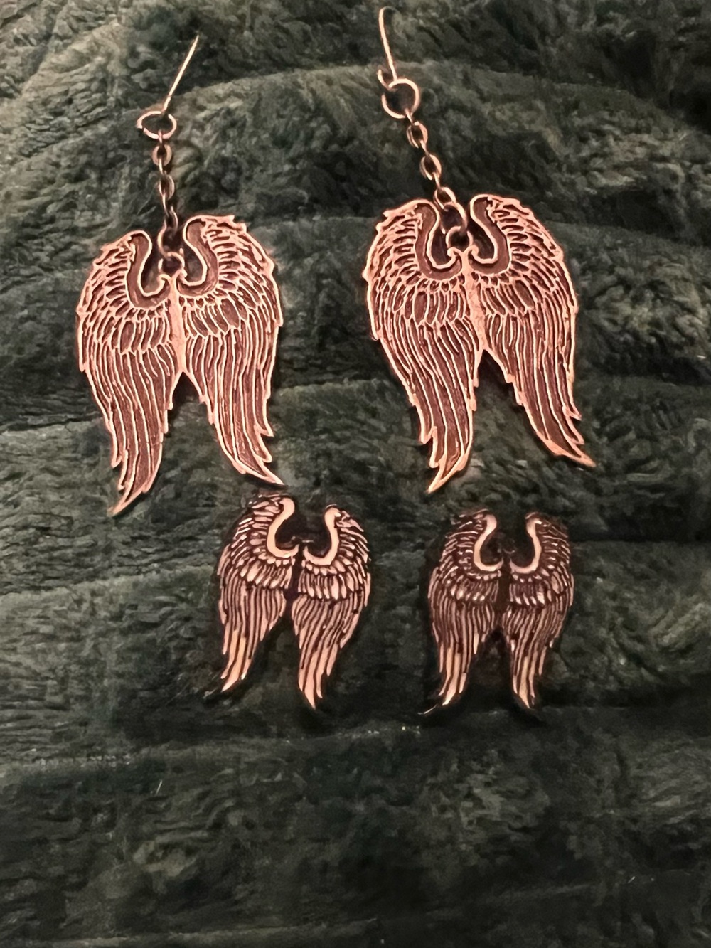 Angel Wing Dangle and Stud Earring Set in Black and Sliver Tone
